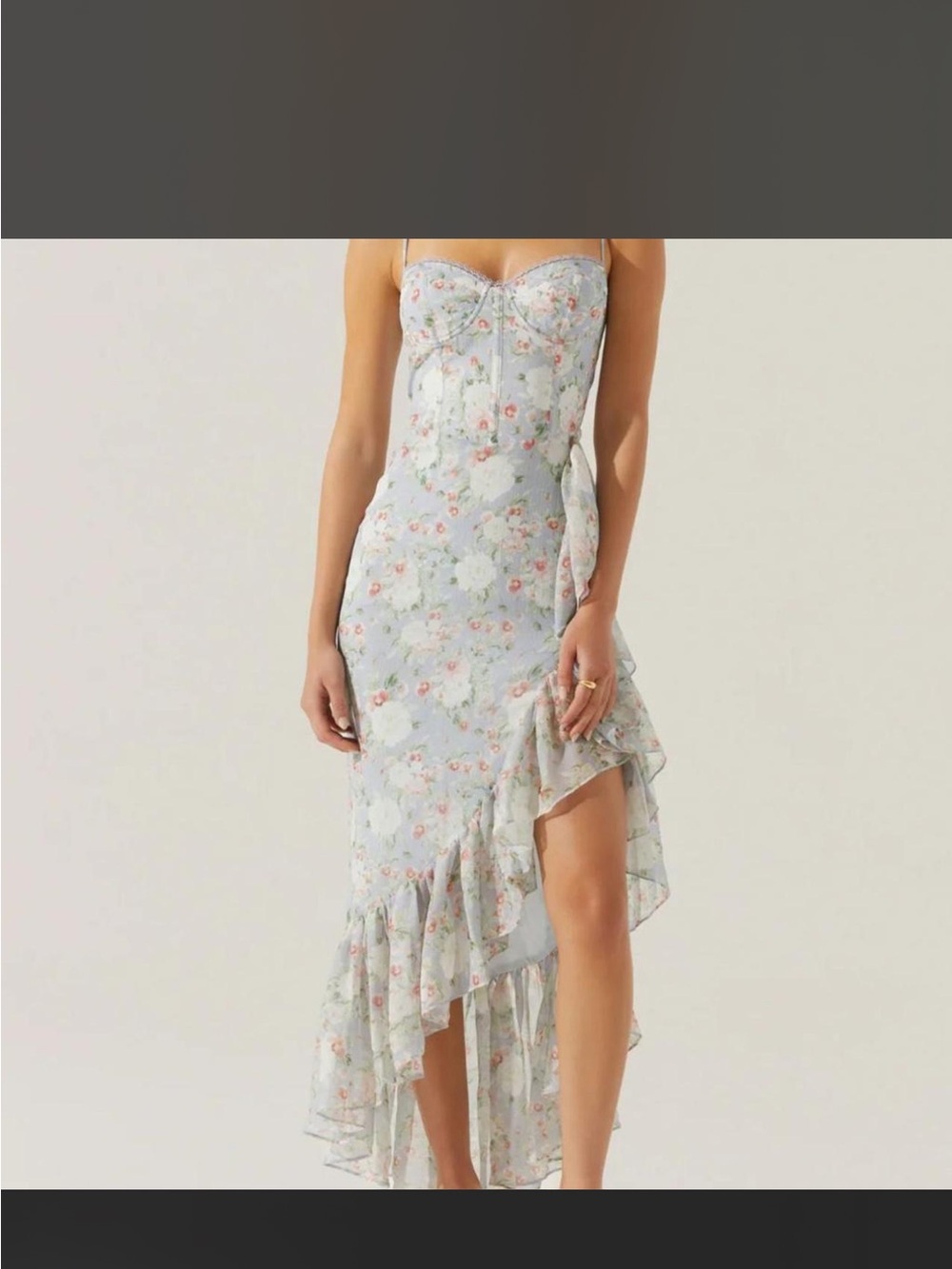 Astr Light Blue Floral High-Low Ruffle Slip Dress